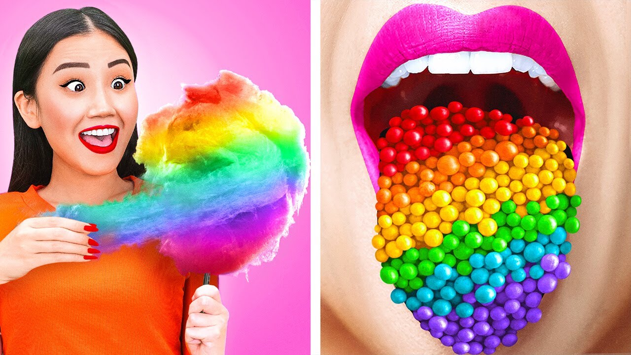 레인보우 푸드 챌린지 🌈 캔디 배틀 🍭 크고, 중간, 작은 음식 123 GO! TRENDS