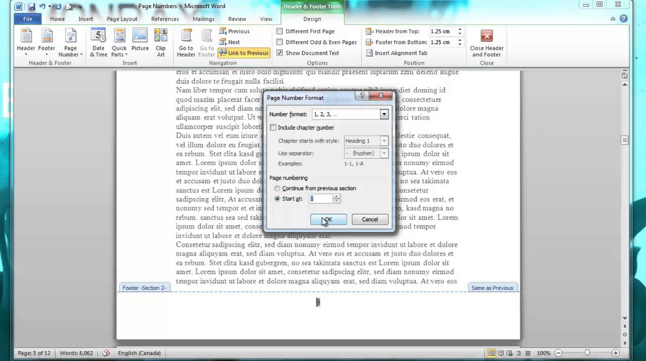 Нумерация страниц, начиная с определенной страницы в Word 2010
