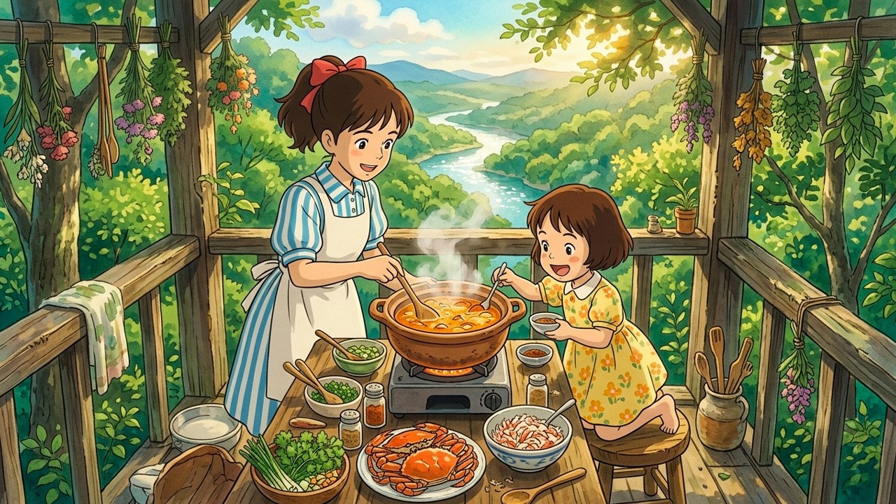Treetop Seafood Hotpot: Cooking with Sister Above the River Valley | Ghibli-Style ASMR