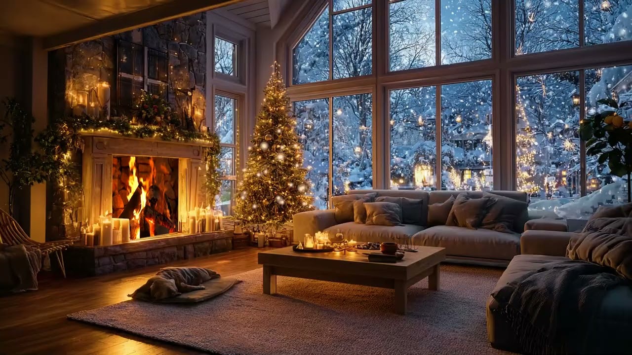 Cozy Christmas Living Room with Fireplace ✨ Relaxing Winter Ambience & Gentle Snowfall View