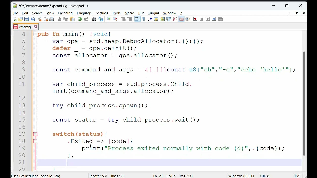 Execute shell commands in Zig Programming Language