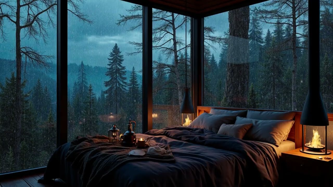 Hidden Forest Cabin Rain Piano | Warm Window Rain and Gentle Piano for Deep Night Sleep