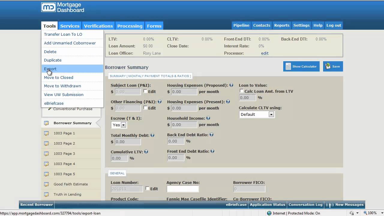 Exporting a Borrower File in Mortgage Dashboard