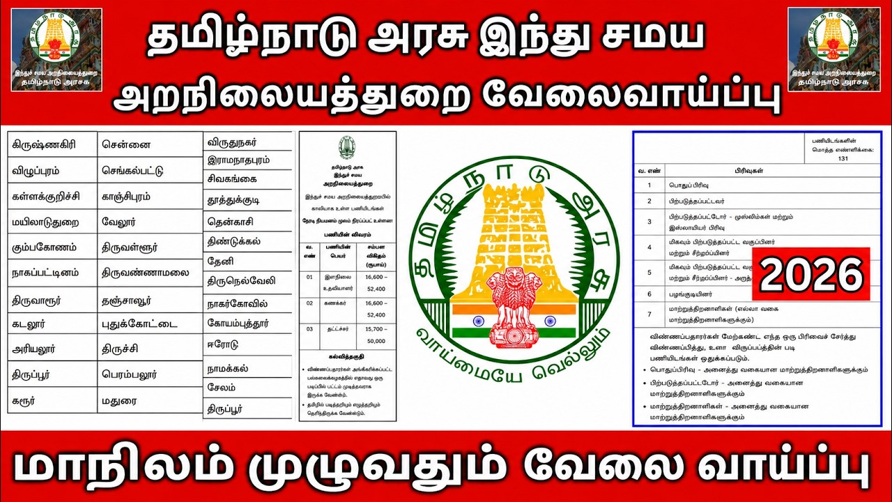 📢 இந்து சமய அறநிலையத் துறை வேலை அறிவிப்பு | TN TNHRCE RECRUITMENT 2026 | Junior Assistant | Driver's