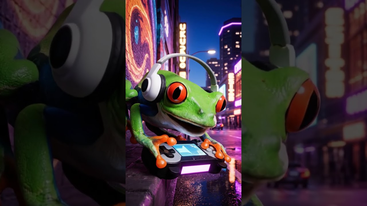 Bro Frog gaming in a city street with motivational vibes 