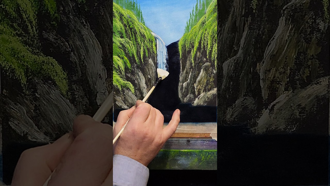 Боб Росс, кисть-веер, эпический водопад 