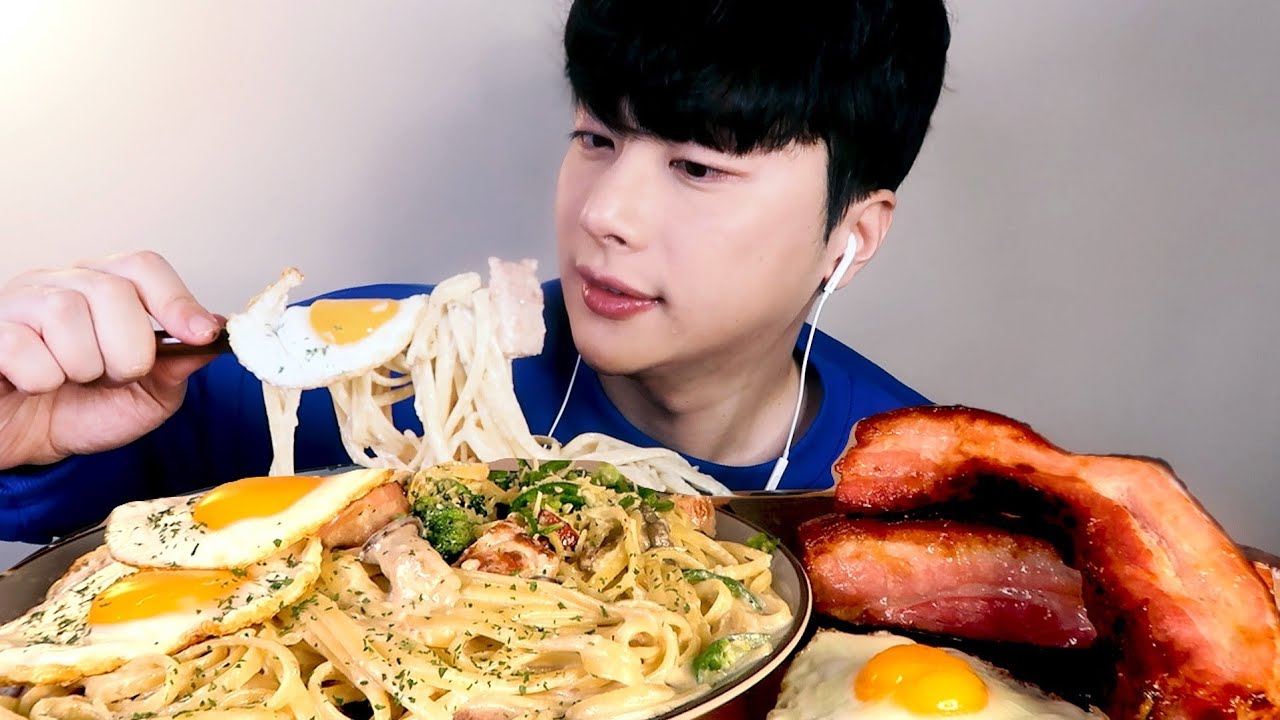 SUB) Mukbang | У меня был огромный бекон и кремовая паста!