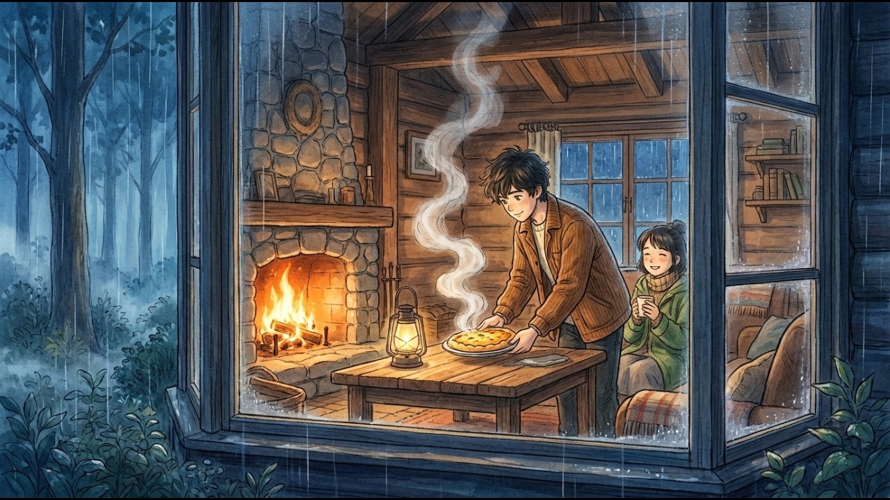 A Rainy Night in a Forest Cabin — From Cold to Cozy Warmth | Ghibli-Style ASMR