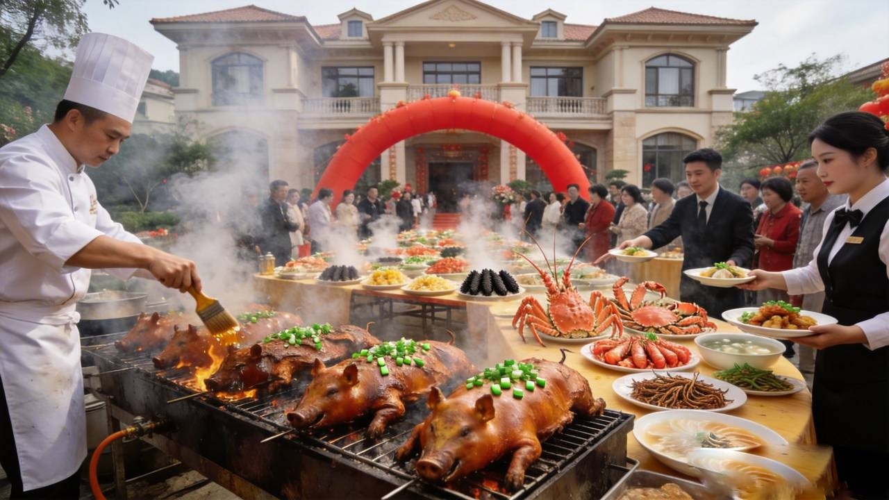 震惊！浙江台州5000块一桌的喜宴长啥样？10斤烤乳猪整只上，芝士帝王蟹随便挖，还有定制喜酒！！【我是忐忑妞】