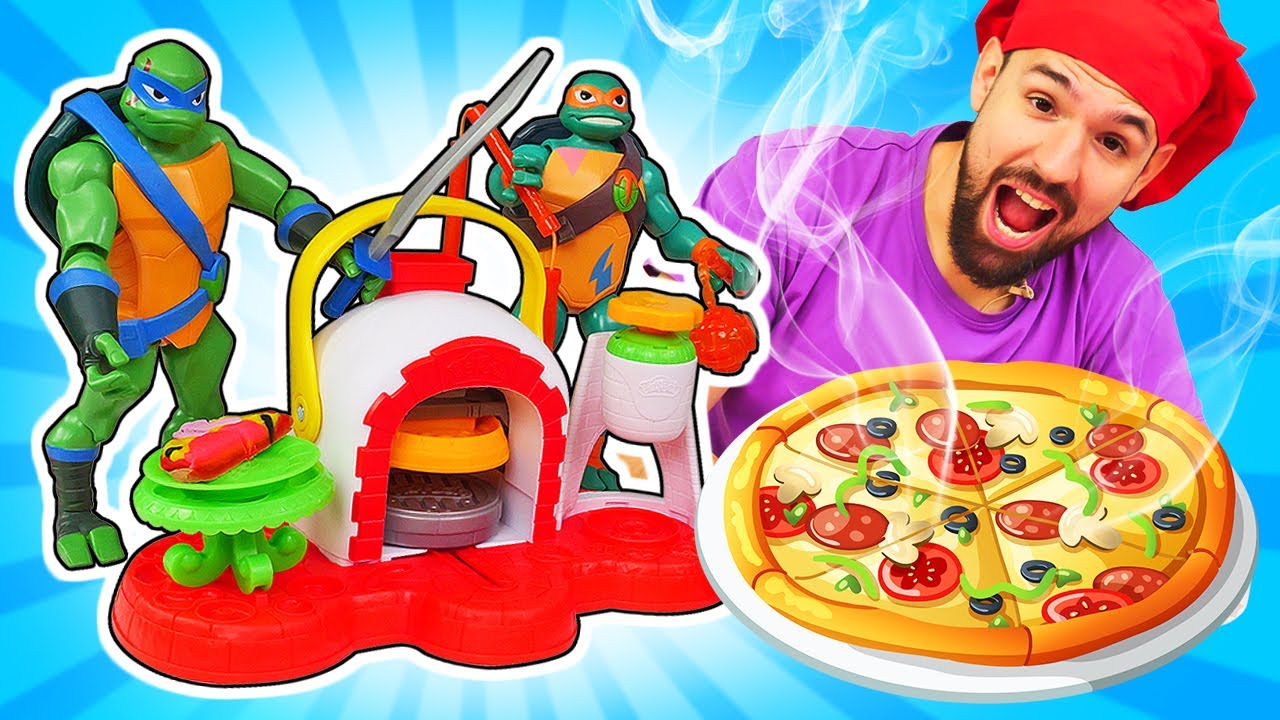 La pizza per le Tartarughe Ninja! Video per bambini. Giocattoli per bambini della Scuola Allegra