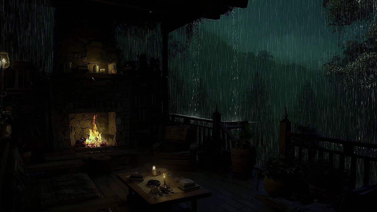 Gentle Rain Sounds in a Secluded Forest Cabin, Accompanied by a Warm Fireplace for Sleep