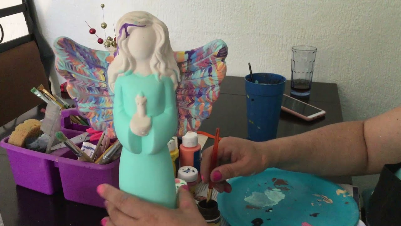 Como pintar ángel de cerámica con 3 técnicas: Cepillado en seco, moteado y escurrimiento