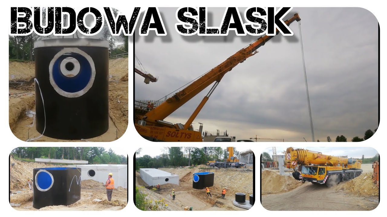 Rozładunek ciężarówki i ustawianie separatora 18 ton. Dźwig Liebherr. Budowa stadionu w Sosnowcu.