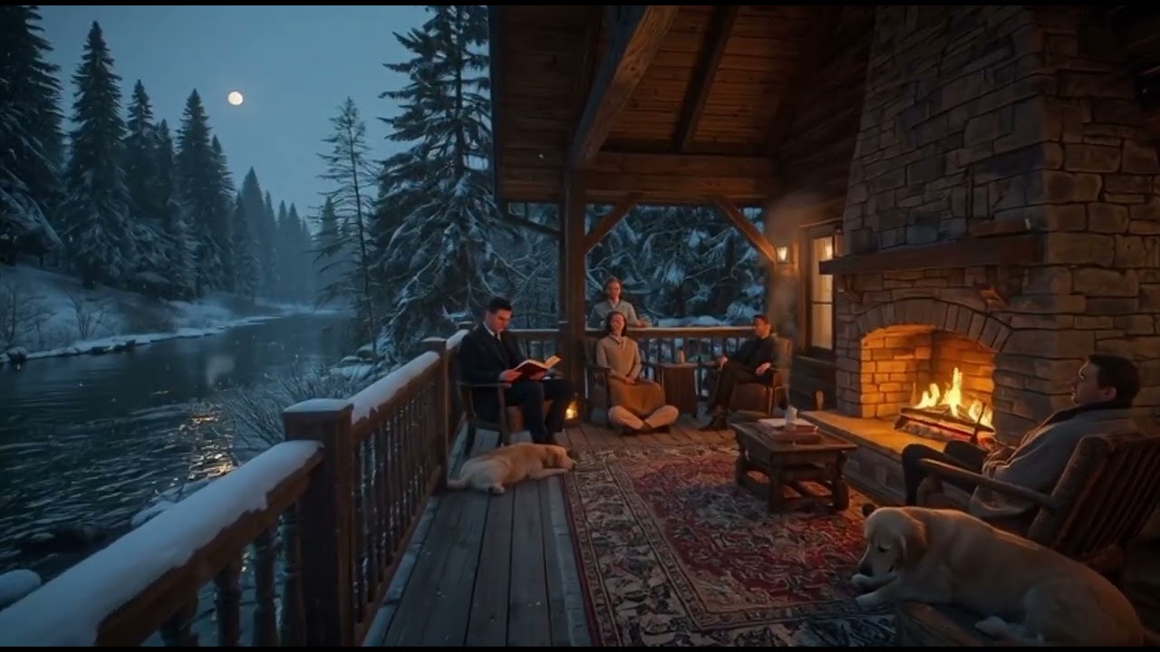 Peaceful Winter Cabin Night 🔥 Flowing Stream & Crackling Fire#fireplacesounds#fire#riversounds