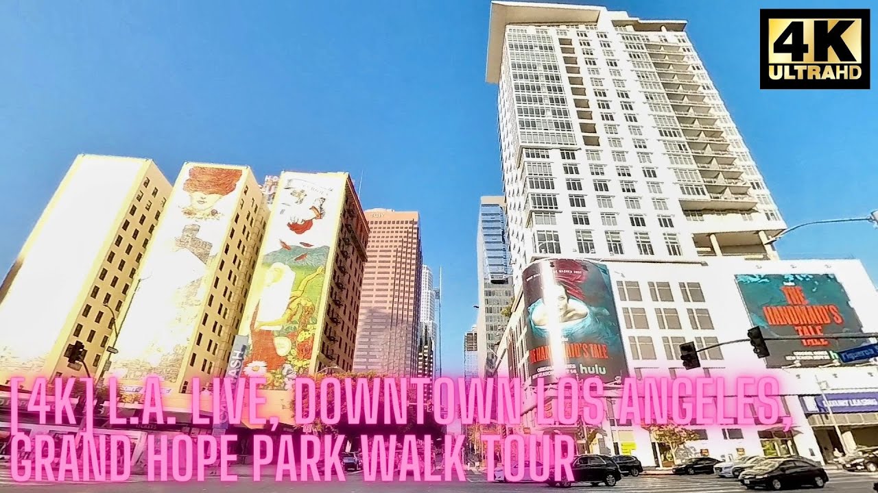 [4K] Walk Tour Downtown Los Angeles LA Grand Hope Park California Trip Binaural City Sounds