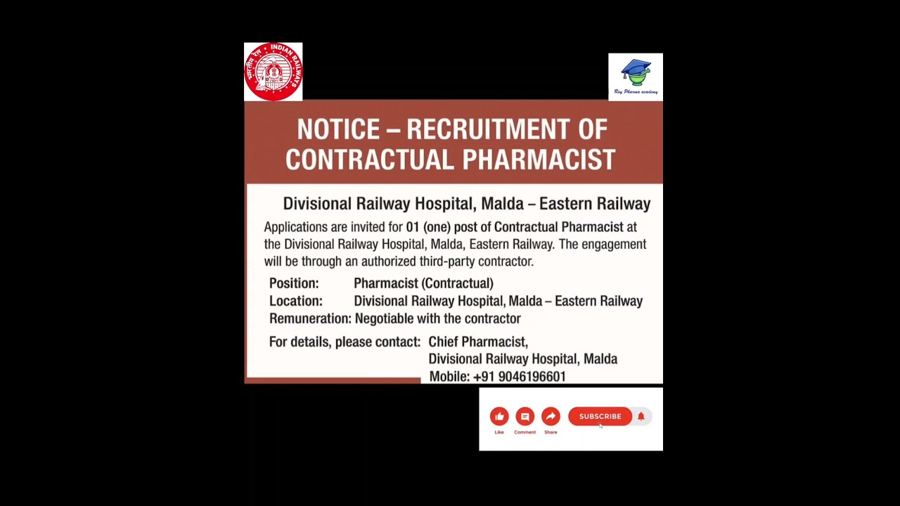 RRB PHARMACIST RECRUITMENT|CONTRACTUAL|Divisional Railway Hospital,Malda|