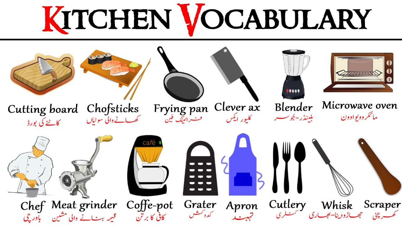 KITCHEN VOCABULARY | learn kitchen utensils names in English with Urdu/Hindi