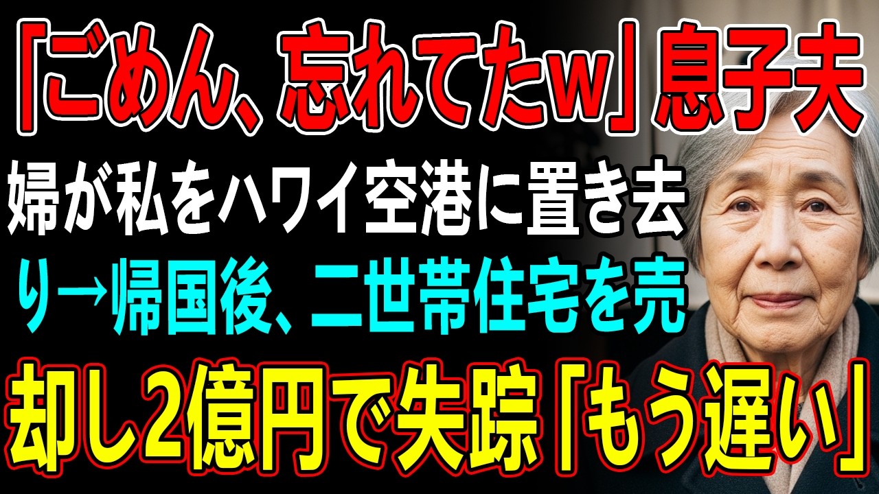 「ごめん、忘れてたw」息子夫婦が私をハワイ空港に置き去り→帰国後、二世帯住宅を売却し2億円で失踪「もう遅い」