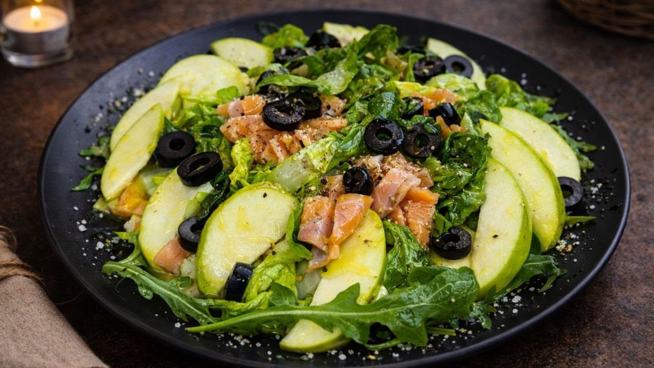 FRISCHE LACHS-APFEL-ENSALADEN-IDEE MIT SCHWARZEN OLIVEN – IN NUR 5 MINUTEN FERTIG