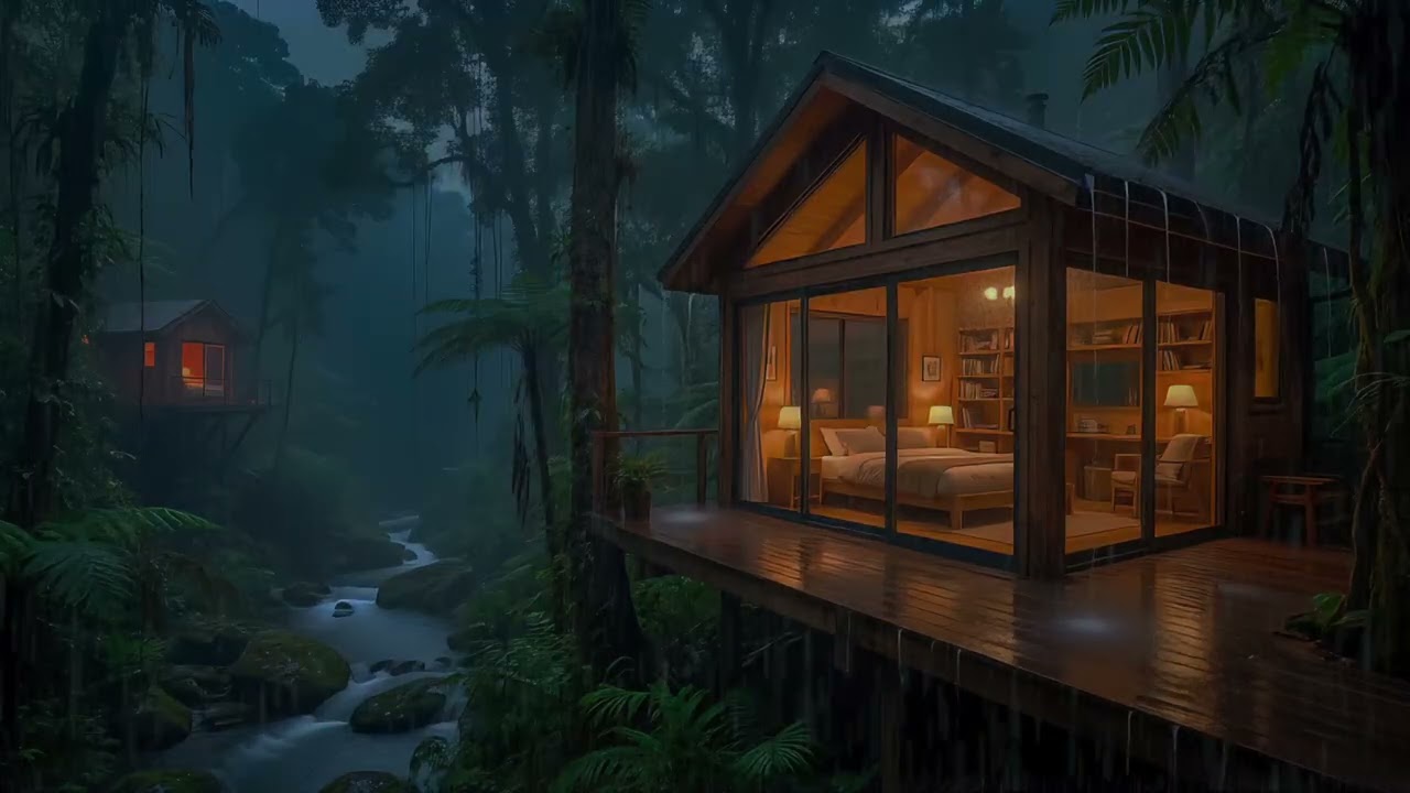 Rain Sounds for Sleep | Cozy Cabin by Forest River Stream (10 Hours) 4K HDR