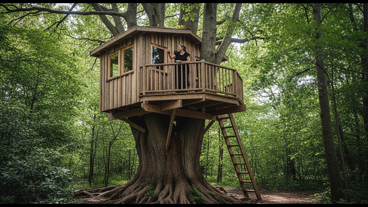 I Built a Log Cabin On a Giant Tree Trunk | Bushcraft Treehouse | Solo Survival in the Forest