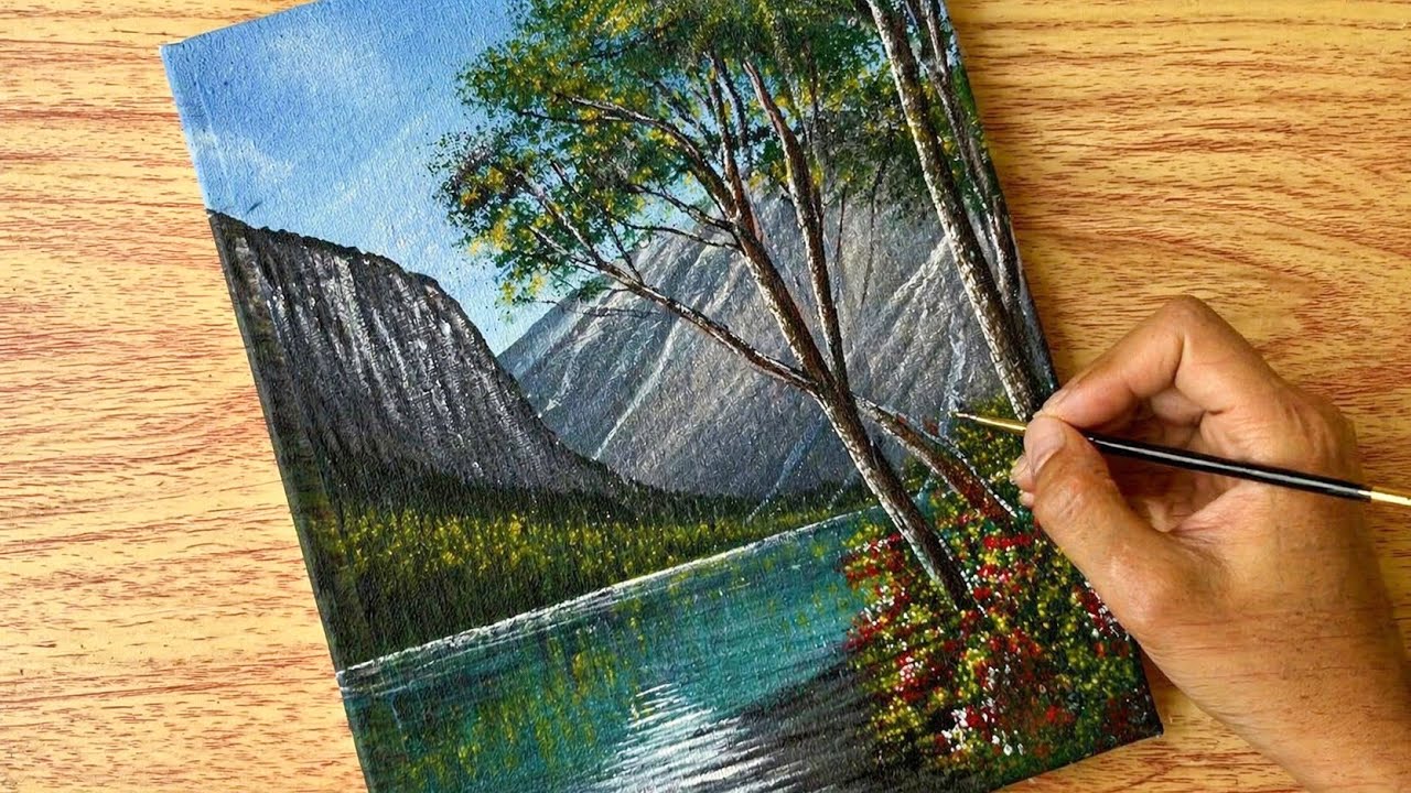 Morning Lake Landscape Painting / canvas painting / Painting tutorial
