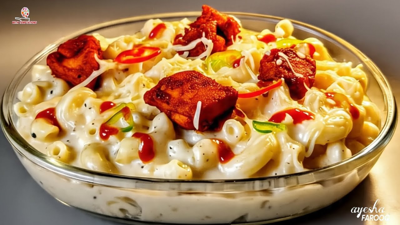 White Sauce Cheesy Baked Pasta - Restaurant Style Creamy Chicken Cheese Pasta by Ayesha Farooq.