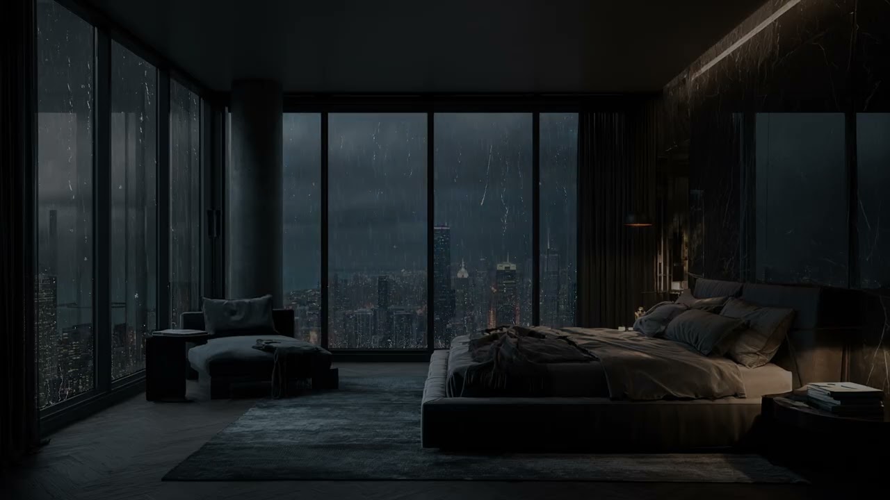 Soft night rain surrounds the room ☕ creating a safe rhythm for rest and focus now
