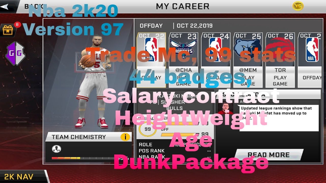 Nba 2k20 version 97 Trade Mc, 99 stats 44 badges, contract salary, HeightWeight Age, Dunkages