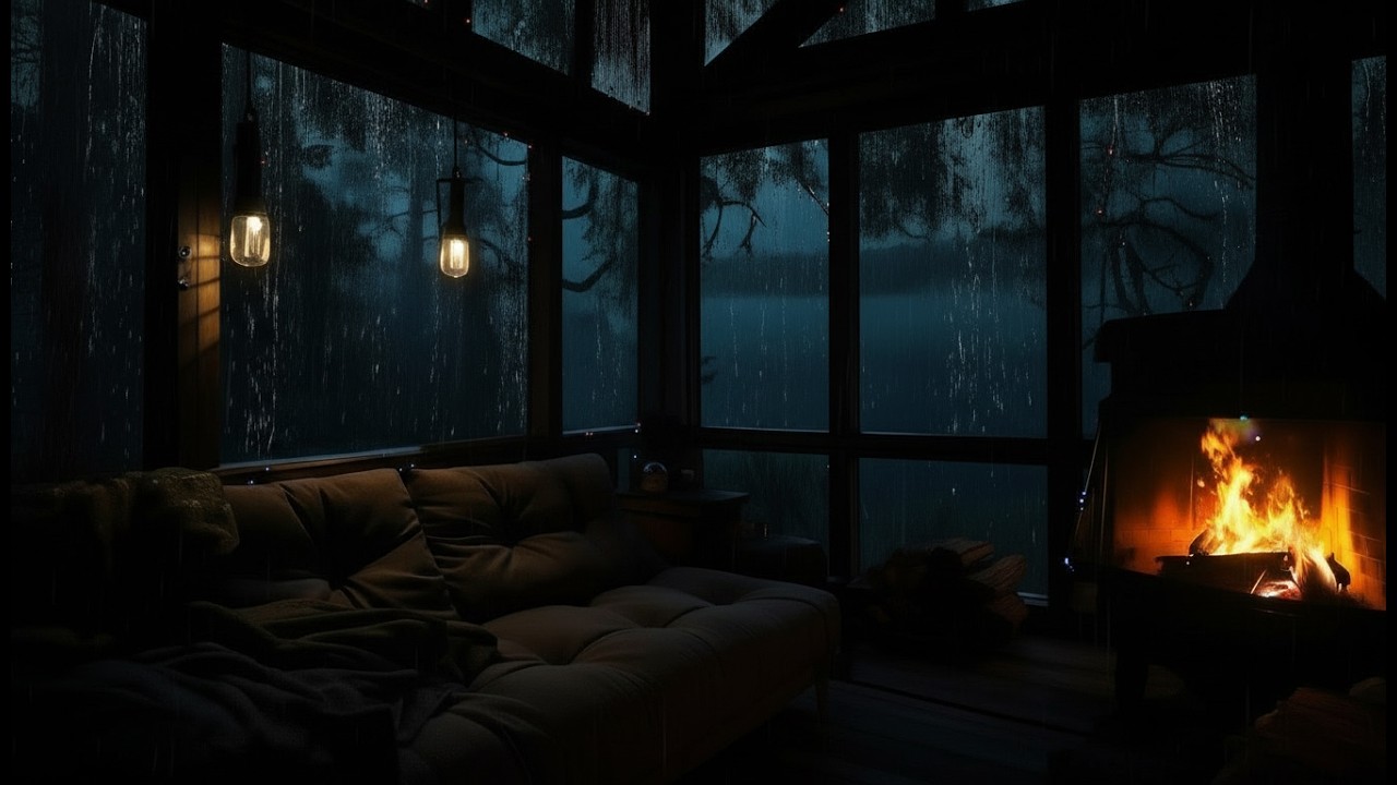 Cozy Night and Rain Sounds with Crackling Fireplace in Cozy cabin to Relaxation