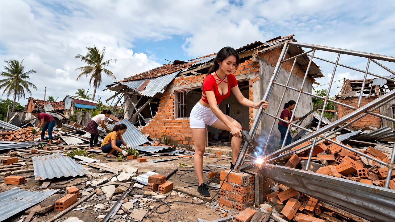 TIMELAPSE -- House Collapses on a Girl During the Storm, Villagers Rescue Her and Restore the House