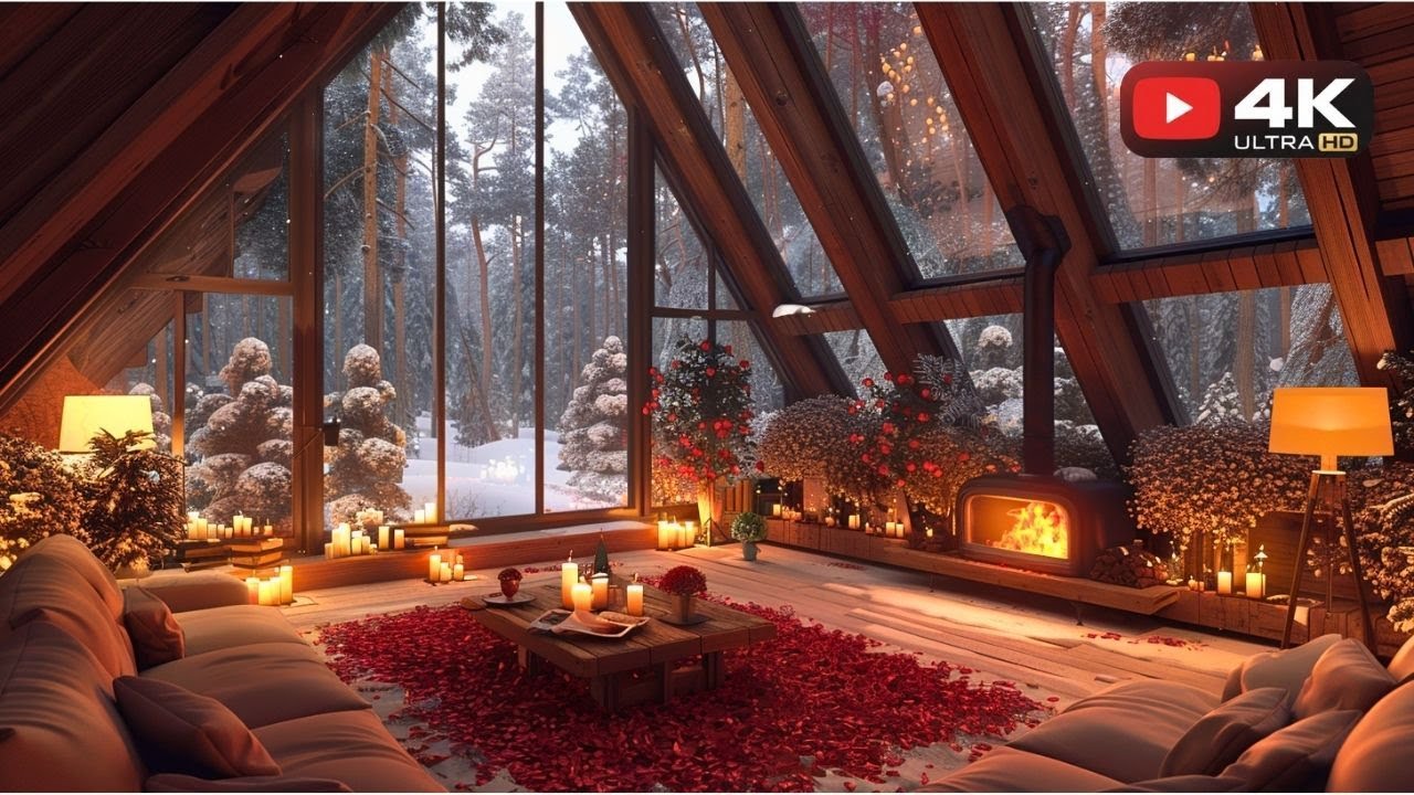 Romantic Valentine’s Day Ambience 🌹 Cozy Luxury Living Room with Smooth Jazz, Fireplace & Snow