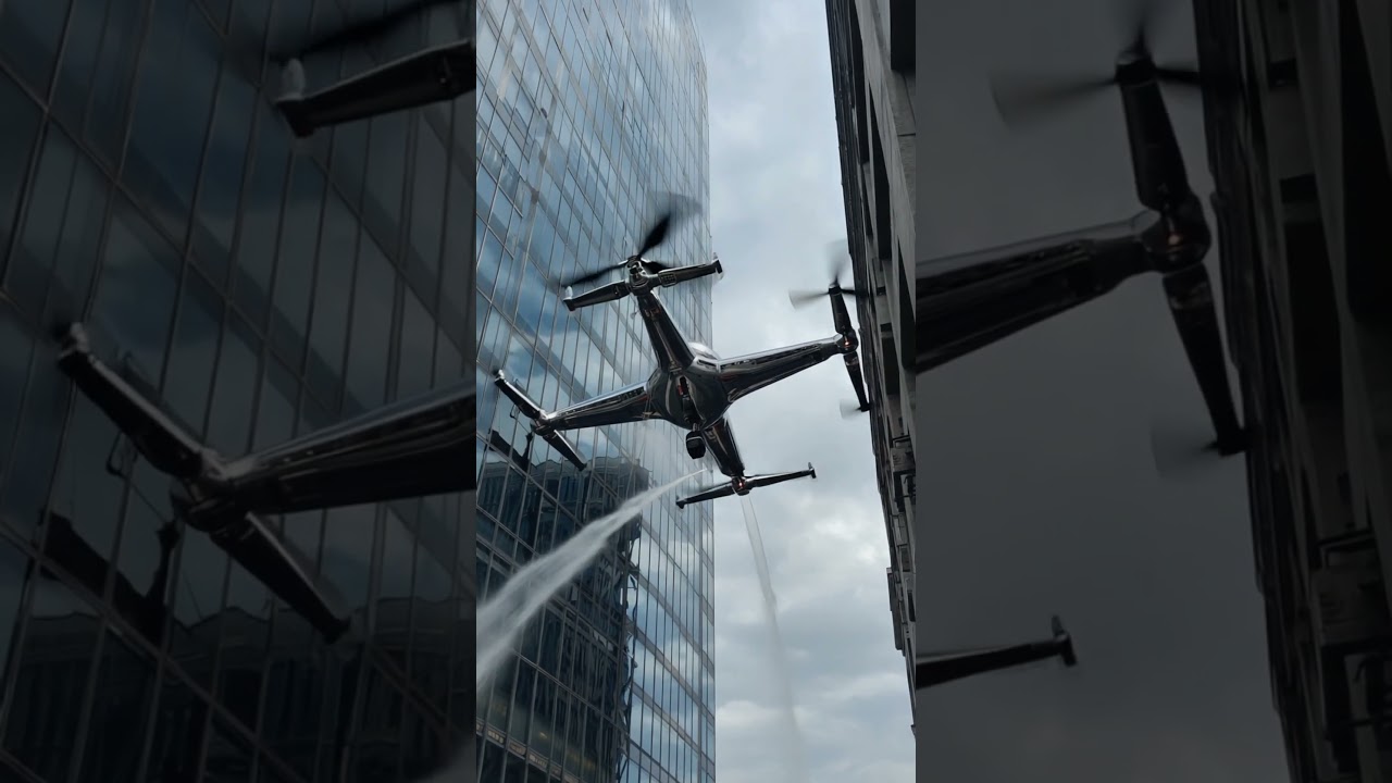 A drone cleaning skyscraper windows