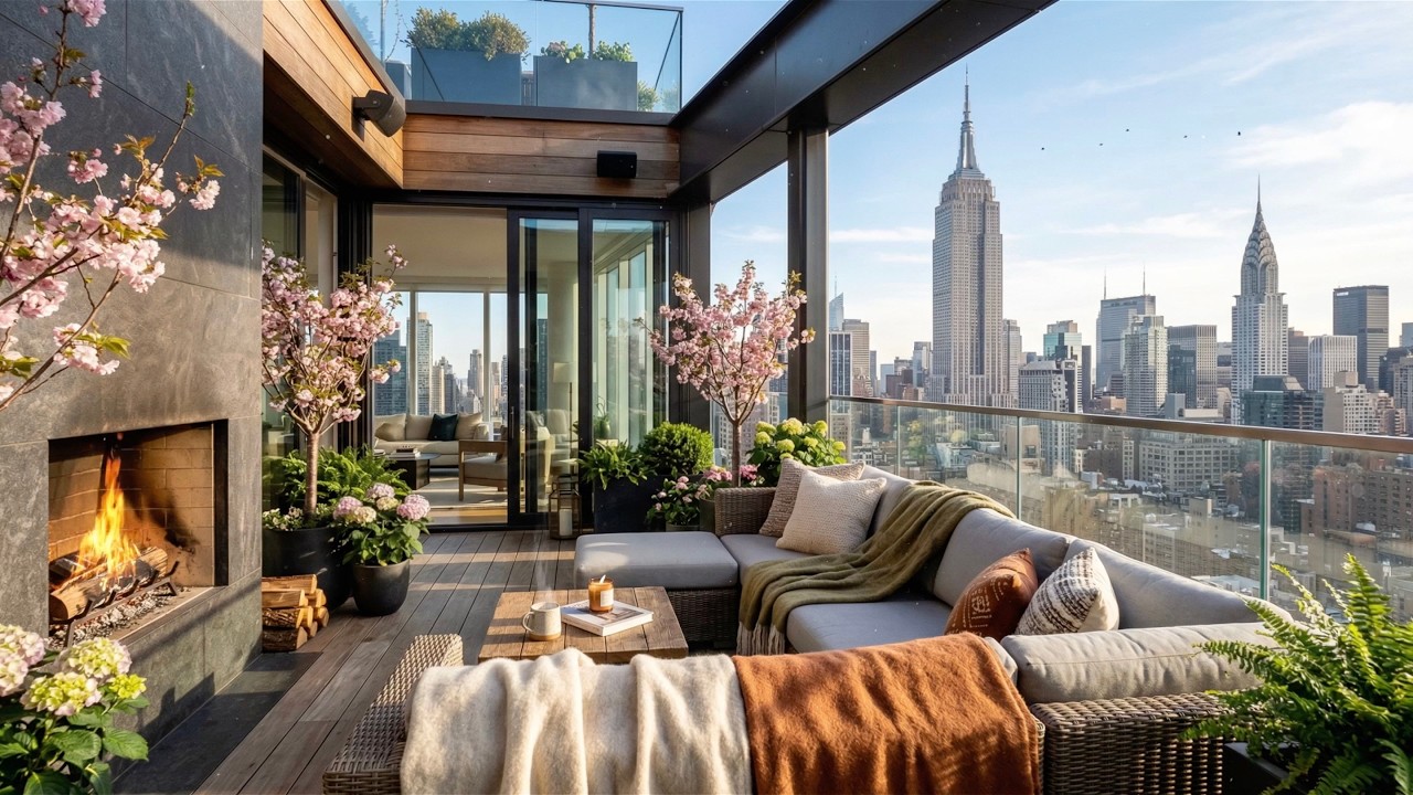 New York City Spring Morning Balcony Ambience to Chill, Focus, Relax | City, Fireplace Sound 😌🎧☀️