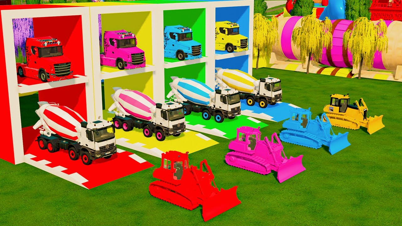 Garage with Colors - ALL MIXER TRUCK WITH DOUBLE FLATBED TRAILER TRUCK, SCANIA, MERCEDES, KOMATSU