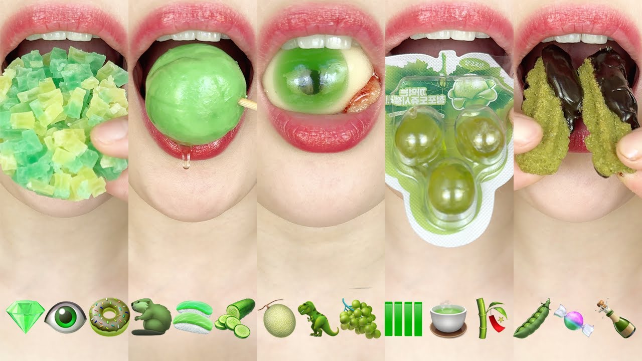 asmr GREEN EMOJI FOOD 💎👁️🍩🦫🍣🥒🍈🦖🍇🟩🍵🎋🫛🍬🍾 초록색 이모지 먹방 eating sounds