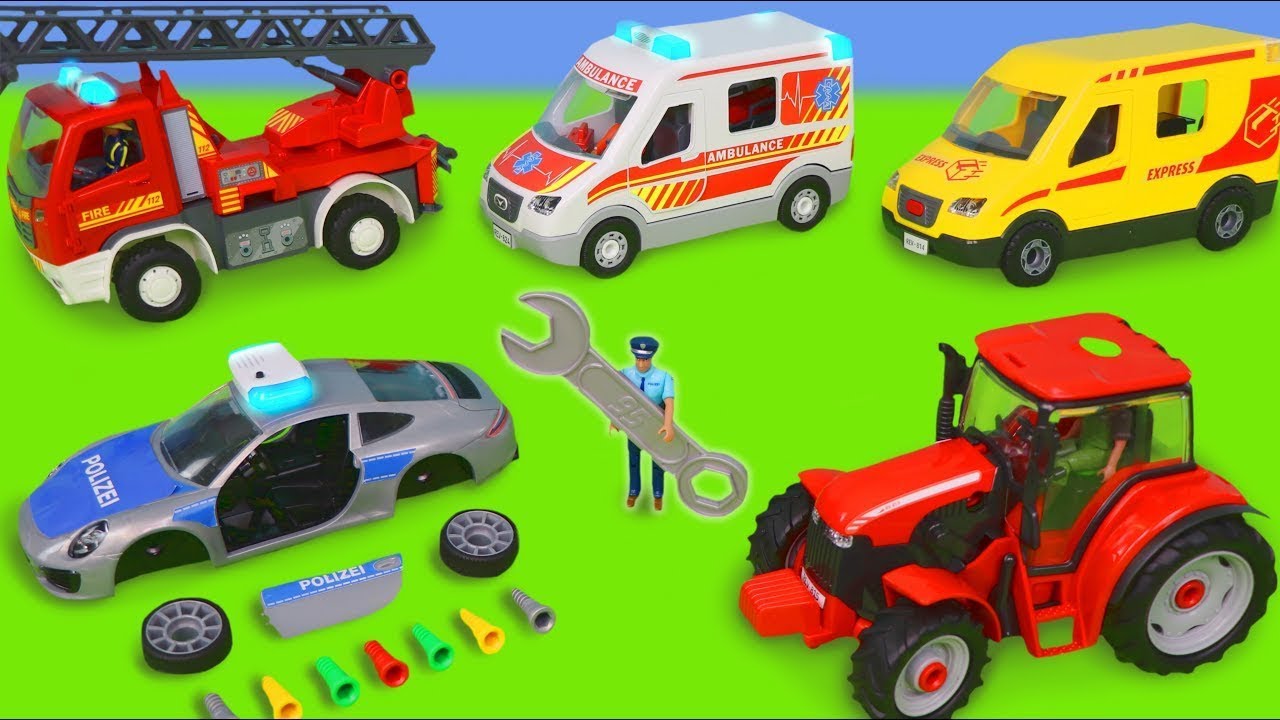 Traktor, samochody policyjne, wóz strażacki - zabawki dla dzieci - Tractor Toys for kids
