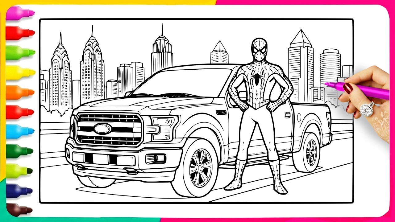 Satisfying Coloring Pages - Coloring Spiderman & ford f 150 raptor with City View 🚗