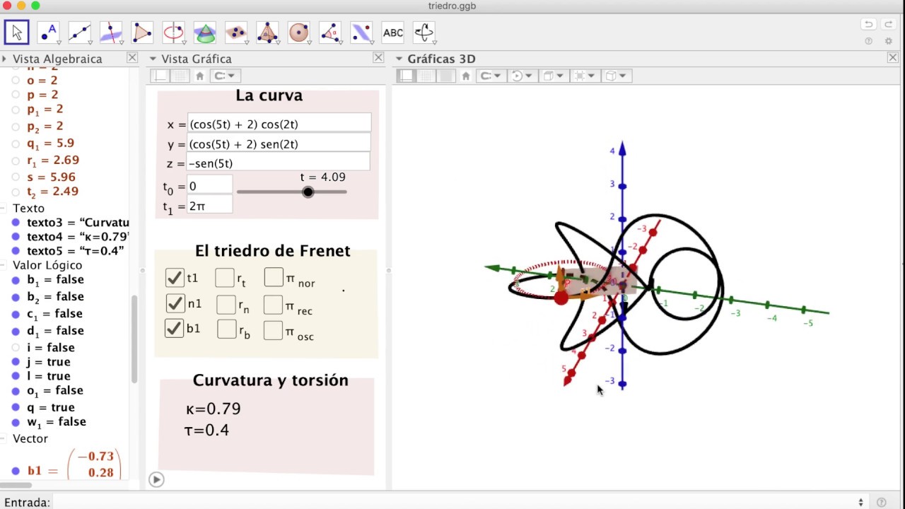 Curvatura, círculo osculador y torsión con Geogebra