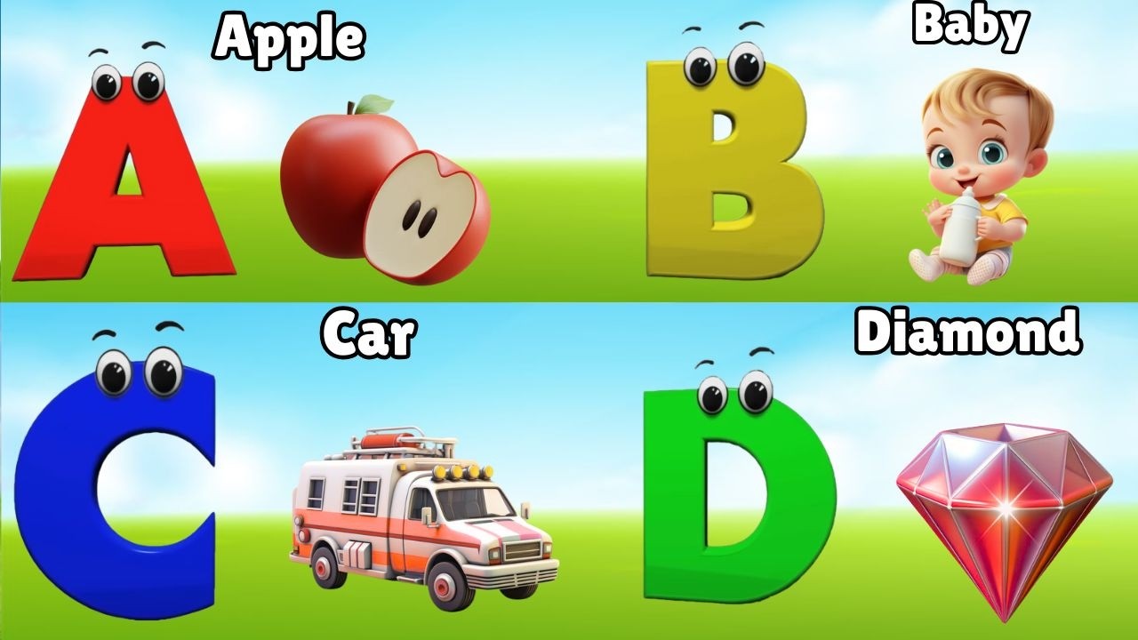 Песенка про фонетику ABC - обучающие видеопесни для малышей, буква А — яблоко, детские стишки, пе...