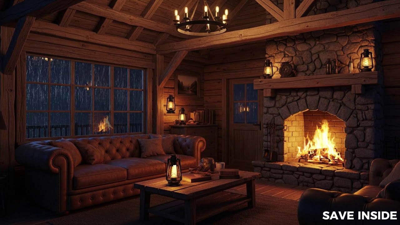 Nature’s Warmth 🌲: Rain and Fireplace Sounds in a Stone Cabin 🏔️