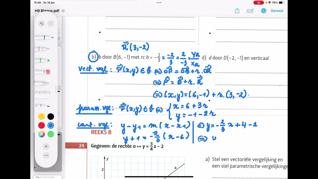 Analytische meetkunde Les 4: Oefeningen vergelijkingen met gegeven puntvector en richtingsvector