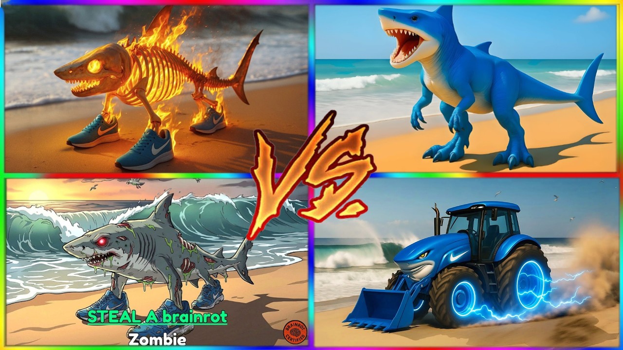 🔥 Epic Beach Battle: Fire Shark vs Blue Dino vs Zombie Shark vs Power Tractor ⚡