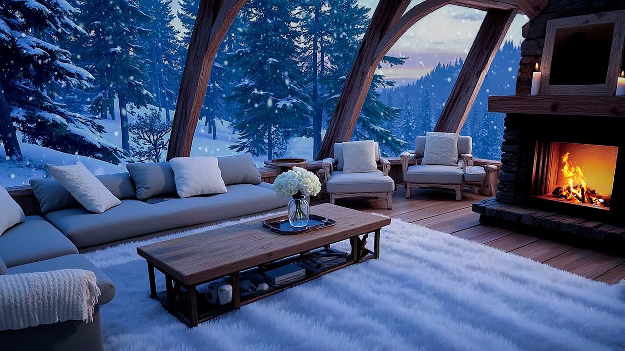 Winter Piano Music in a White Room at Night ❄️ Snowy Window & Fireplace for Cozy Sleep