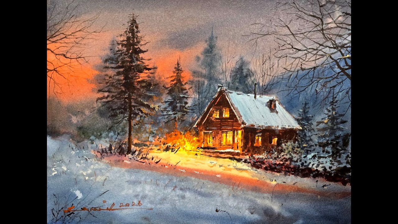 How to paint a peaceful winter night cabin | Watercolor tutorial