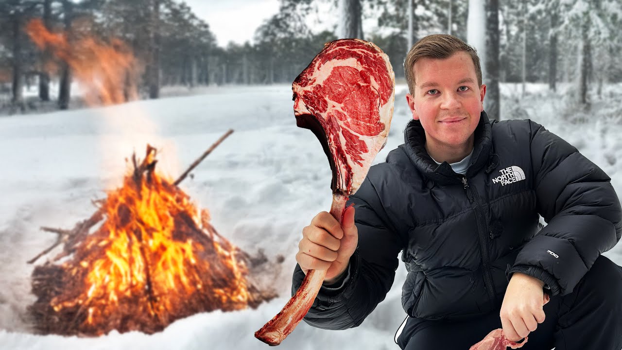 Tomahawk och pommes på öppen eld i skogen