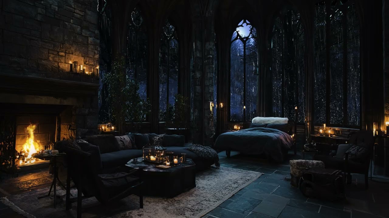 Warm Fireplace with Heavy Rain In An Dark Ancient Castle Room For Peaceful Sleep