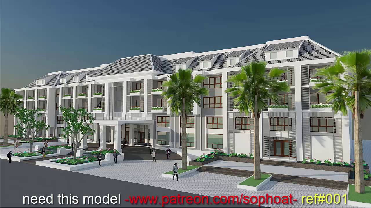 Sketchup 3D Model 4 Stories Hotel Exterior Design Idea