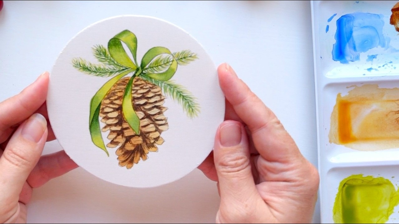 How to Paint Christmas Card with Festive Pinecone in Watercolor