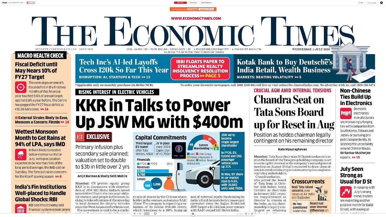 1 July 2026 | The Economic Times Newspaper | Daily Finance & Business News Analysis